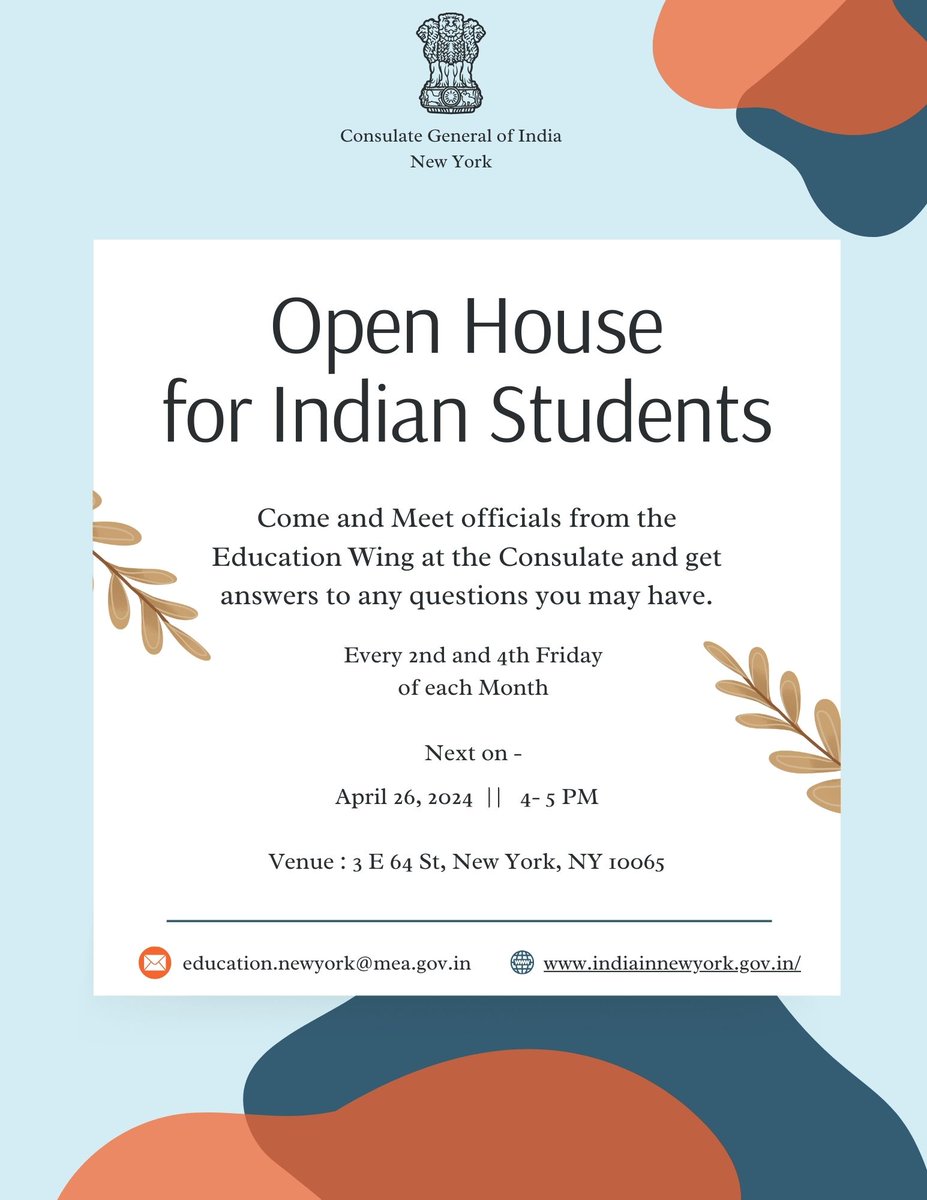 🇮🇳 @IndiainNewYork Open House for Indian Students. Beginning this Friday, @IndiainNewYork will host an open house every 2nd and 4th Friday of each month for Indian students in the states in jurisdiction of the Consulate to meet Indian students and address their issues and