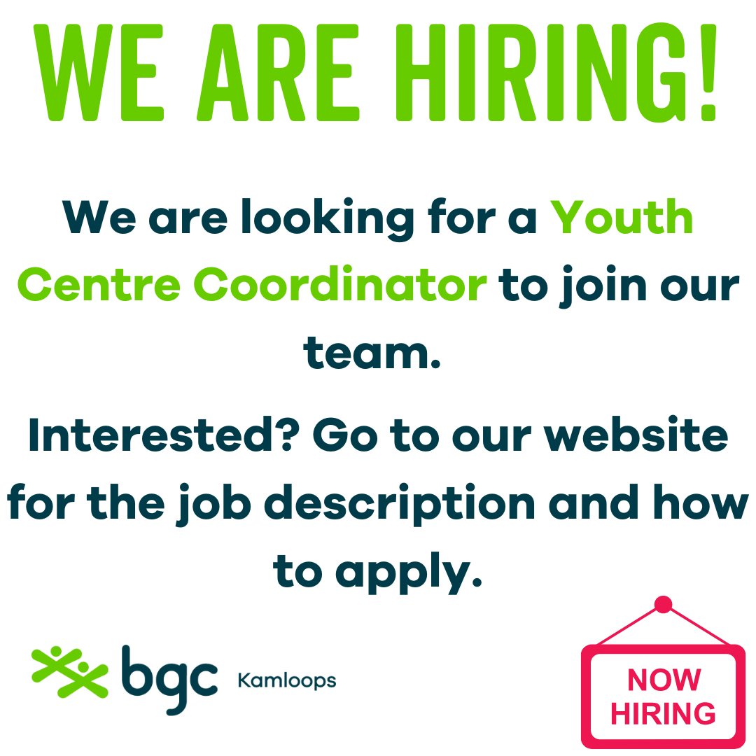 Do you enjoy working with youth ages 11-24? Looking for a fun and rewarding job? Then we want to hear from you! We are hiring a Youth Centre Coordinator to join our team! Click the link for the full job description:
bgckamloops.com/careers