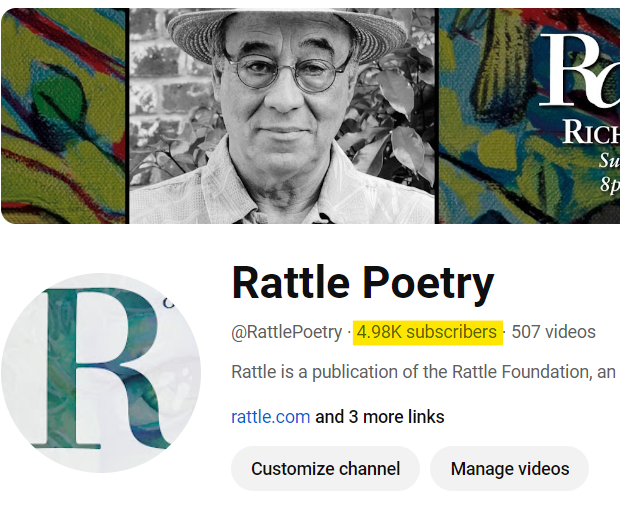 We're 20 subscribers away from 5K on YouTube—subscribe today, and you might be lucky #5,000! The winner receives up to four hours of inspiring poetry content a week … youtube.com/c/rattlepoetry