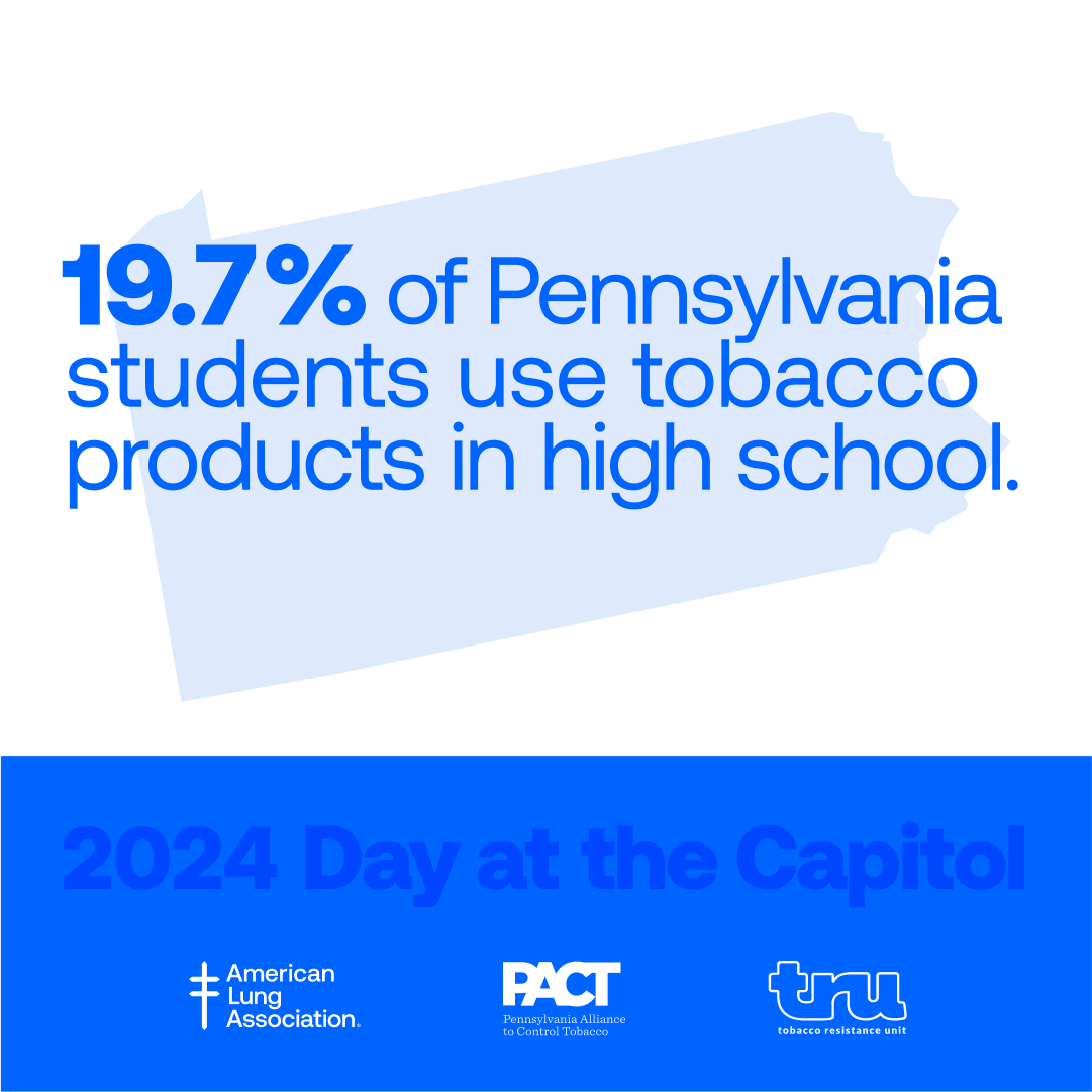 ALAPACT's tweet image. Fact: 19.7% of PA high school students use tobacco products. We are speaking with legislators for #DATC2024 on May 7 to request more tobacco control funding to ensure the future of Pennsylvania will lead a long, healthy life. pactonline.org #CleanAirforALL