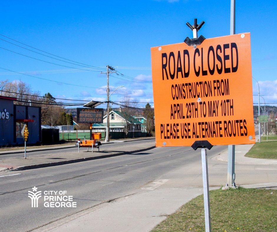 5th Avenue at Burden Street is closed from April 29 to May 10 for water and sewer main work. A detour is available on Carney St. for eastbound traffic and Alward St. for westbound traffic. Please drive carefully! Read more and see the detour map: princegeorge.ca/city-hall/news…