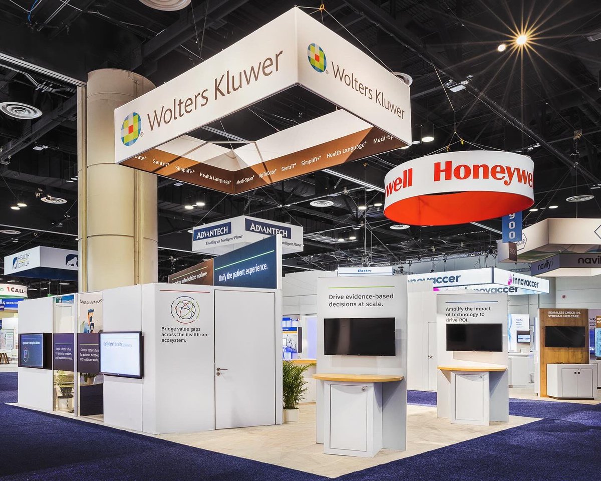 Wolters Kluwer rocked HIMSS24 with a smart, compact footprint! This 20x30 booth was carefully crafted to host multiple demo stations & two cozy conference rooms, all while preserving an inviting open atmosphere. The innovative two-sided LED billboard displayed animated content!