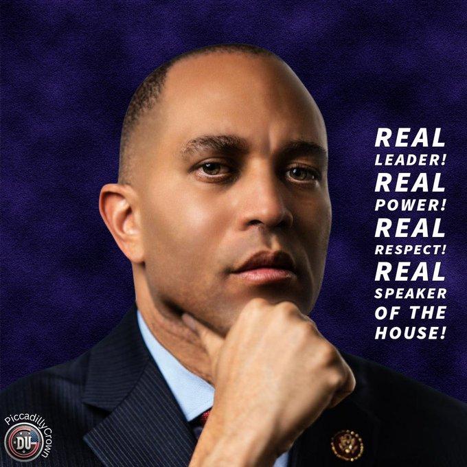Mike Johnson is weak. So was Kevin McCarthy. The real leader in the House, with real power and real respect is Hakeem Jeffries. Use the graphic and vote for Dems in November. Let's make sure Hakeem is the official Speaker of the House. He works for ALL of us. #DemsUnited