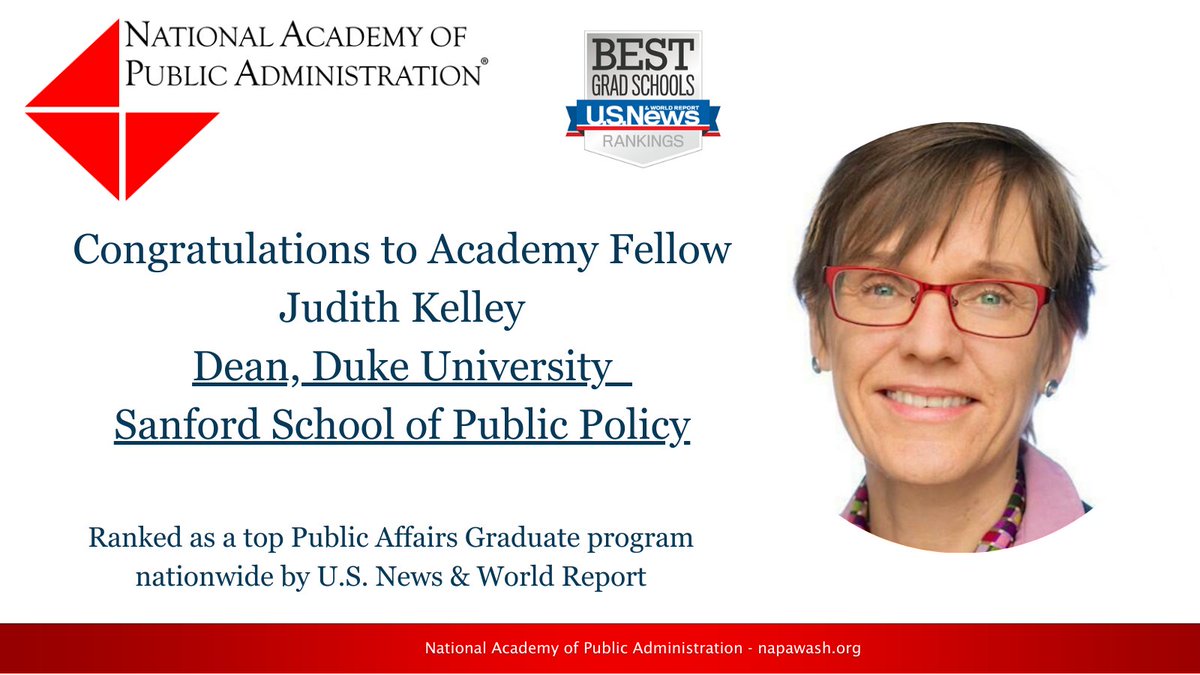 Congratulations to Duke University Sanford School of Public Policy and Academy Fellow Dean Judith Kelley for being named one of the top-ranked master's programs in public affairs in the 2024 U.S. News & World Report list of #BestGradSchools! usnews.com/best-graduate-…