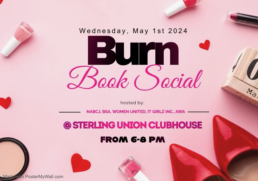 Join us this Wednesday for our Burn Book Social with some of your favorite orgs! Let go of the past, and let’s focus on our future !! 💘💘💘

Don’t forget to RSVP through the google doc! 

docs.google.com/forms/d/e/1FAI…