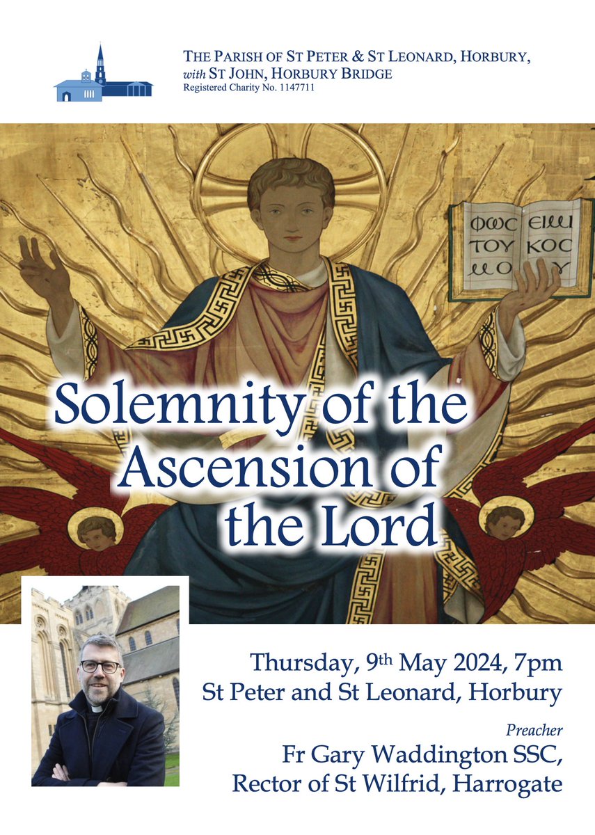 We are delighted to welcome @GaryWaddington, Rector of @StWilfHarrogate, to preach for us this coming Ascension Day. Come and celebrate with us! The Ascension is a Holy Day of Obligation when all Christians are expected to attend mass. #horbury #horburybridge #wakefield