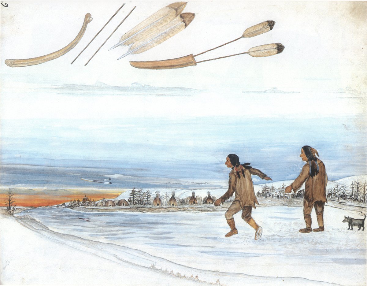 This watercolor painting by Indigenous artist John Saul (1878-1971) depicts two Yanktonai boys playing the Ice Glider game. In the winter, the Yanktonai competed to see who could slide the feathered and engraved buffalo rib the farthest. #ArchivesGames #ArchivesHashtagParty