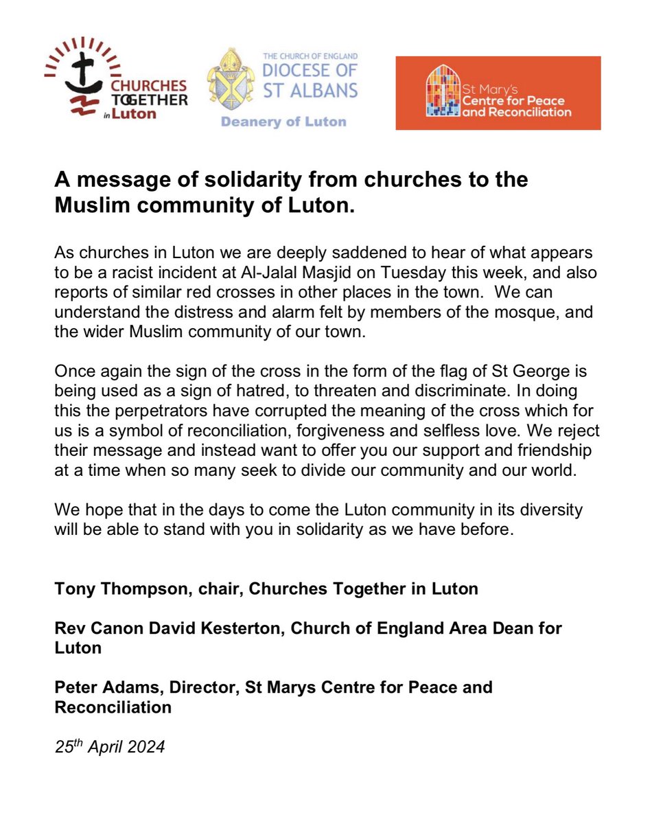 Churches Together In Luton (@ctl_luton) on Twitter photo We have today sent a message of solidarity from <a href="/CTL_Luton/">Churches Together In Luton</a>, our Luton Church of England deanery and <a href="/StMarysPeace/">StMarys Peace Centre</a> to our Muslim community and <a href="/LutonMosques/">Luton Mosques</a> following a number of serious incidents in the town. We have today sent a message of solidarity from <a href="/CTL_Luton/">Churches Together In Luton</a>, our Luton Church of England deanery and <a href="/StMarysPeace/">StMarys Peace Centre</a> to our Muslim community and <a href="/LutonMosques/">Luton Mosques</a> following a number of serious incidents in the town.