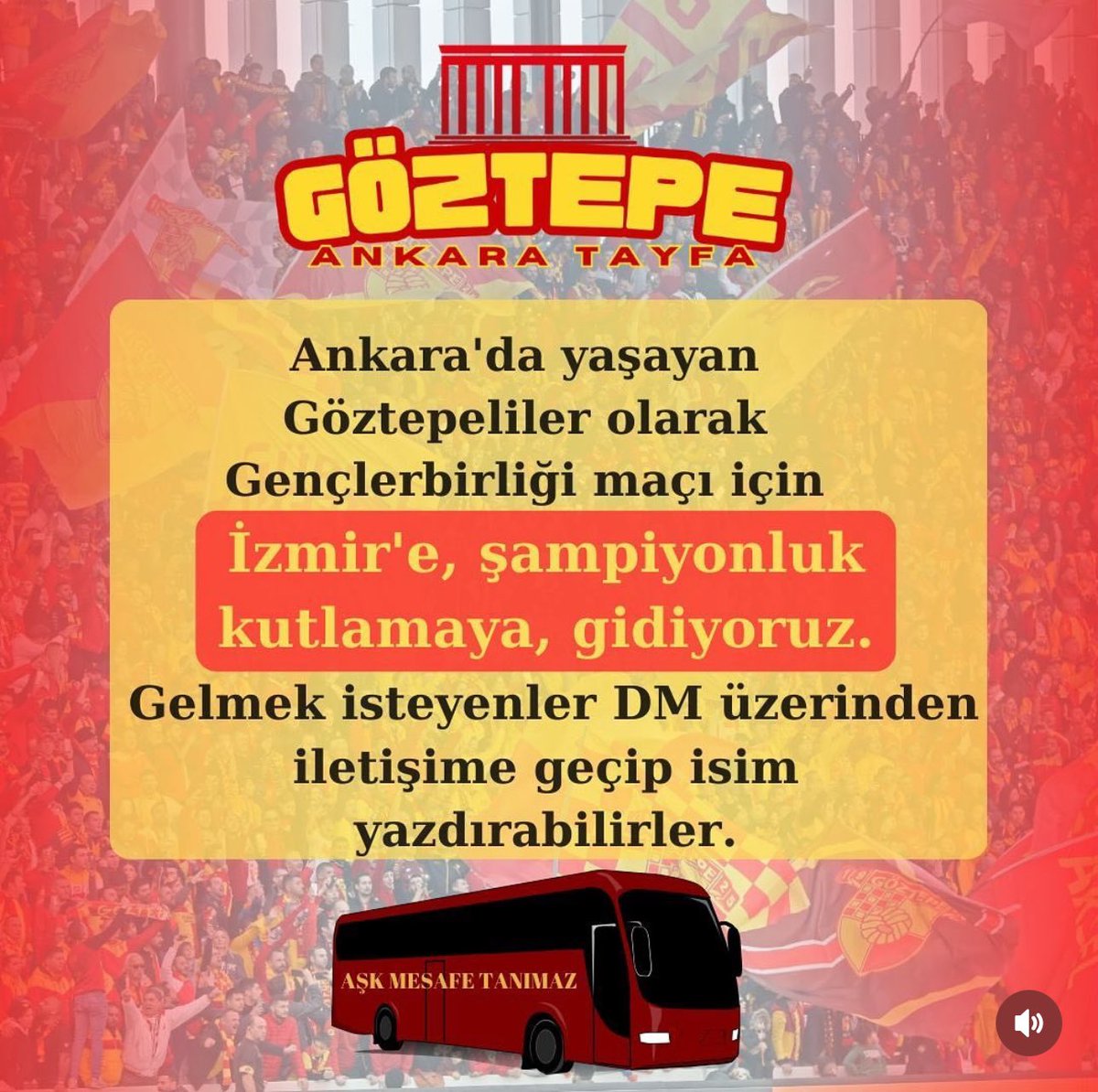 Ankara Tayfa şampiyonluk maçına araç kaldırıyor. Katılım sağlamak isteyenler instagram üzerinden @goztepeankaratayfa’ya ulaşabilir. 🟡🔴