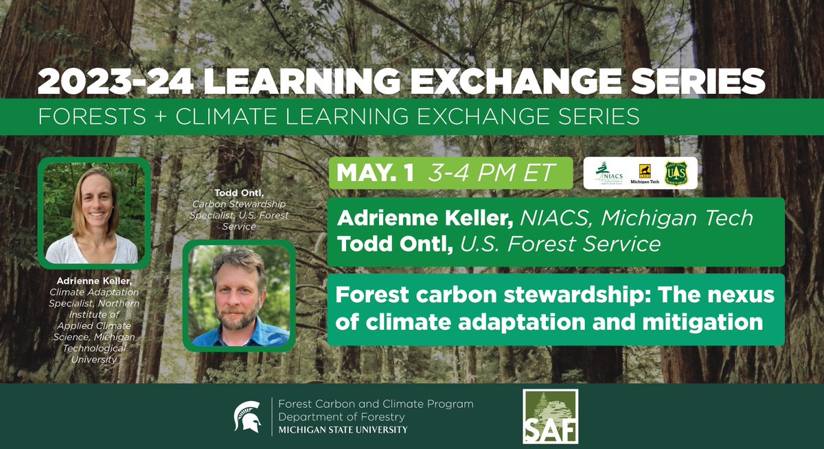 Join us at next week’s Learning Exchange Series webinar, co-hosted with the @Society-of-American-Foresters. Register now for 'Forest carbon stewardship: The nexus of climate adaptation and mitigation.' bit.ly/3wKN8qF