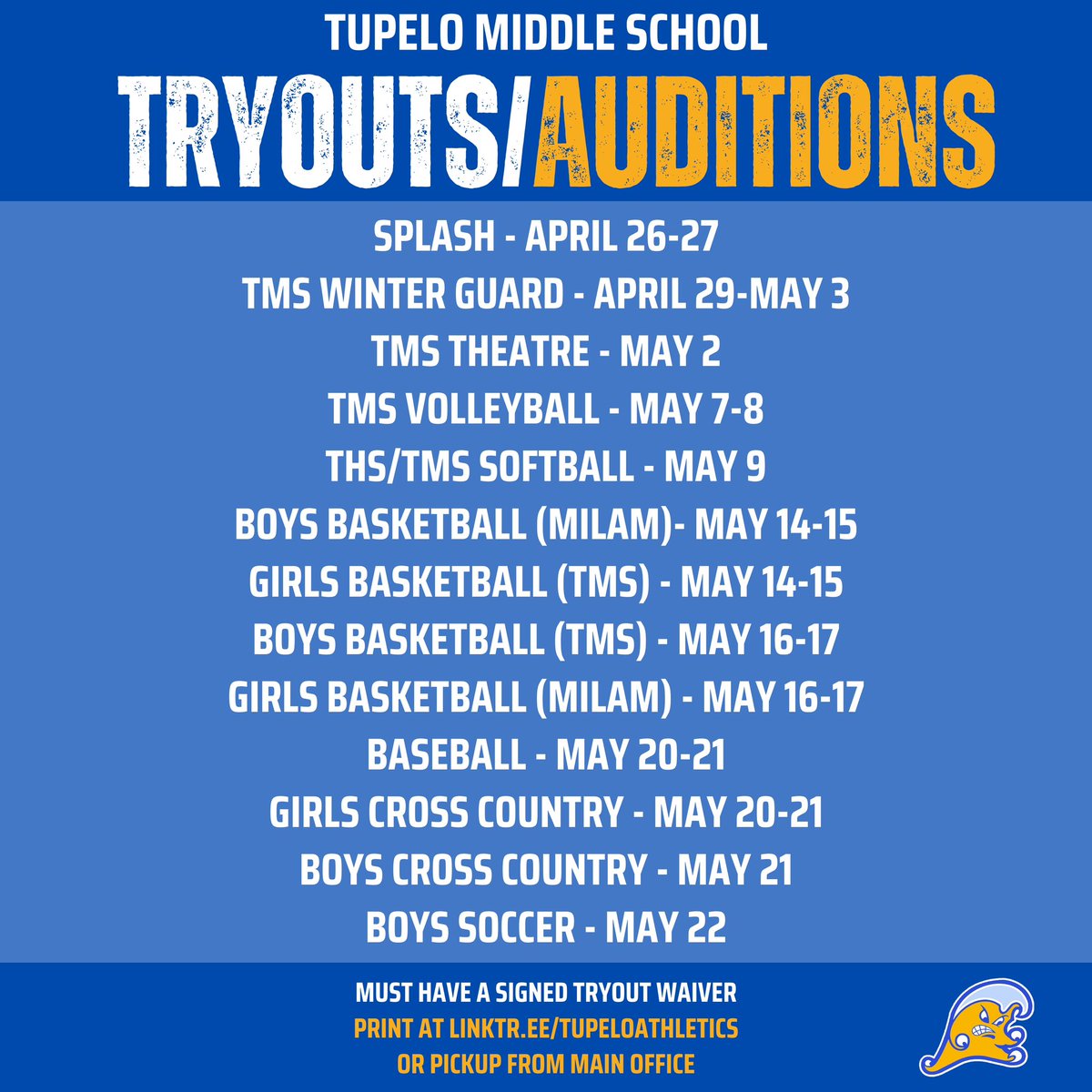 Check out our updated tryout/audition schedule with the addition of Volleyball and Boys Soccer. @MilamRipples #GoWave