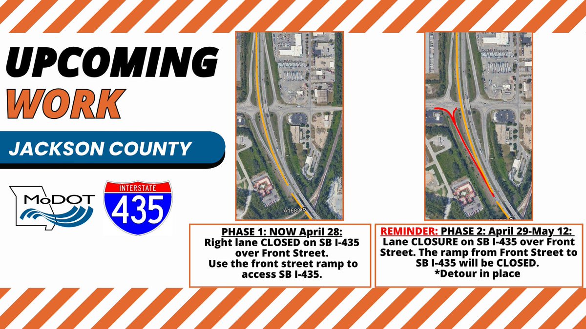 REMINDER: JACKSON COUNTY – Crews will begin phase two of lane and ramp closures on SB I-435 at Front Street for bridge joint maintenance on (approximately) April 29. This work is scheduled to be completed by May 12. For more info, visit modot.org/node/45988 #kctraffic