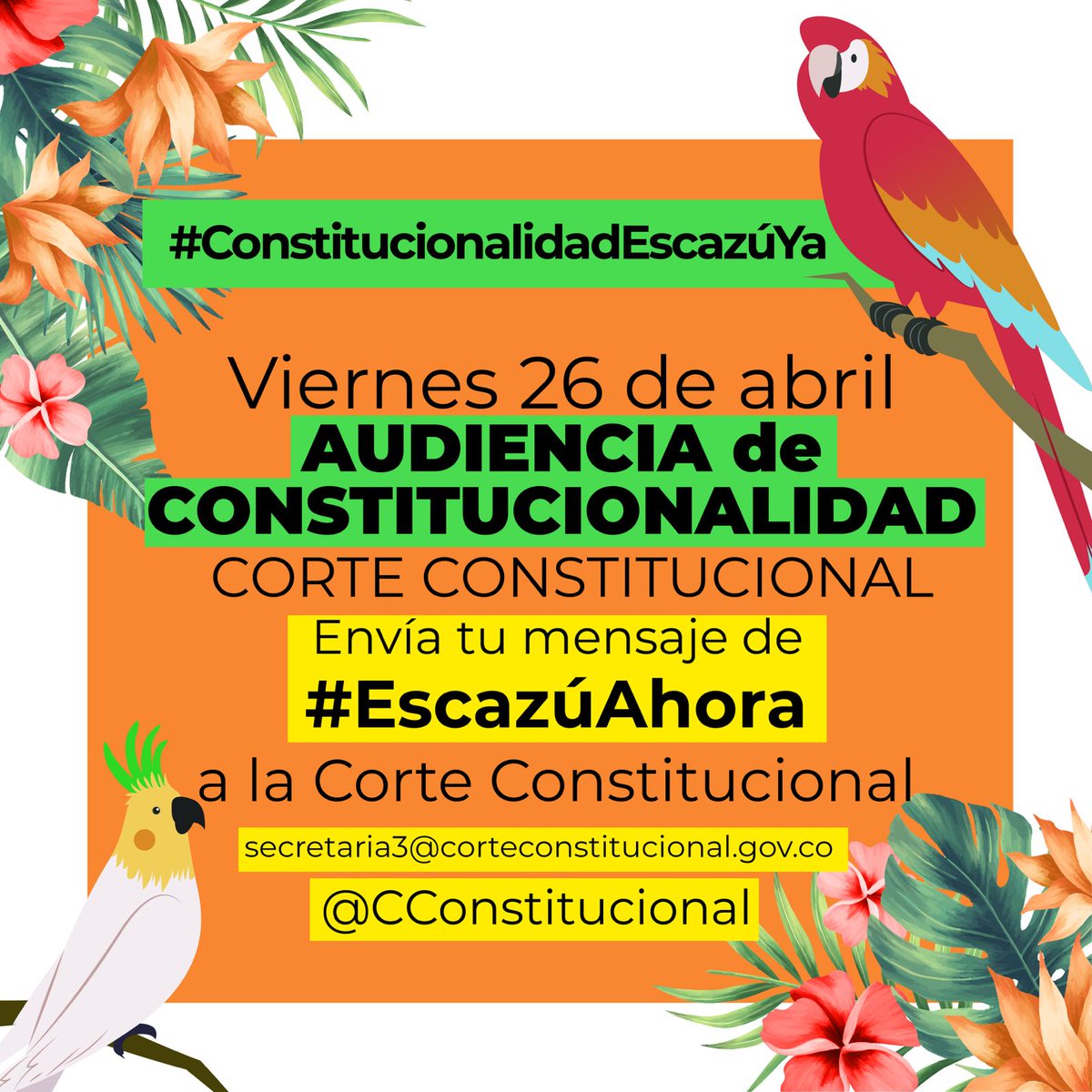 🧡 Mañana viernes 26 de abril desde las 8am, te esperamos en la Corte Constitucional para respaldar la Constitucionalidad del Acuerdo de Escazú en Colombia.

#EscazúAhora por información, participación, justicia ambiental y Defensoras ambientales

#ConstitucionalidadEscazúYa