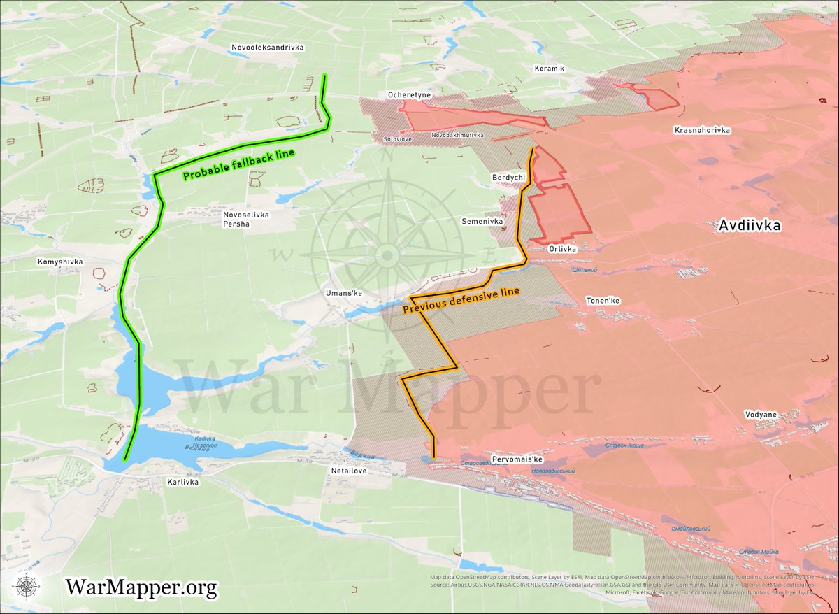 #Ukraine #Avdiivka #Russia Nach dem Verlust von Avdiivka baut Kiew im Hinterland eine neue Verteidigungslinie (grün) auf (WarMapper). Bevor die ganz fertig ist, möchte die RussArmee dort sein. Und legt ein rasantes Tempo vor. Rechnung könnte aufgehen.