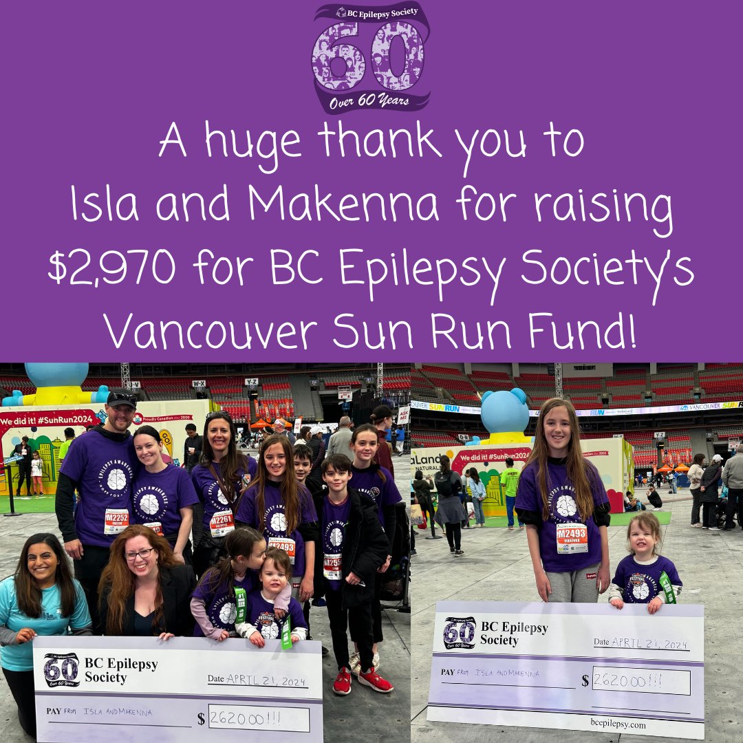 A huge thank you to Isla & Makenna for raising $2,970 for BC Epilepsy Society's Vancouver Sun Run Fund. It was also so great to see your whole family doing the Mini Sun Run wearing your #EpilepsyAwareness t-shirts! #Epilepsy #VancouverSunRun #VanSunRun #SunRun #ThankYouThursday