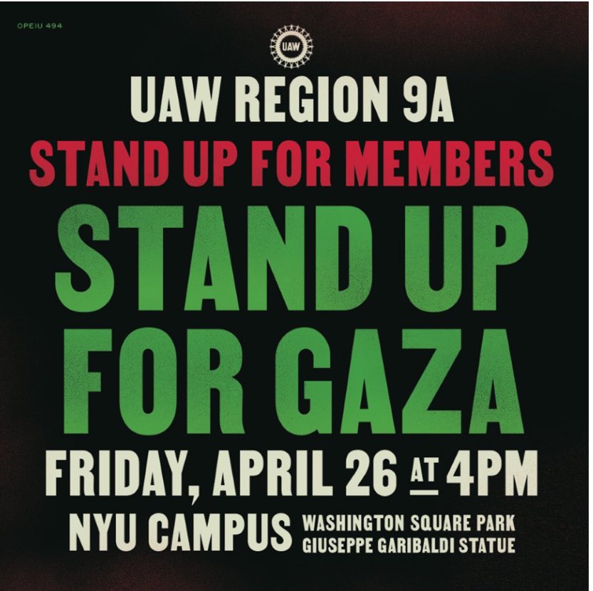 After the @MFJUnion picket on Friday, 4/26 from 1pm-3pm at 100 William St, NY, NY come #StandUp for Gaza and for our fellow UAW members and for first amendment rights! 🙌✊🇵🇸