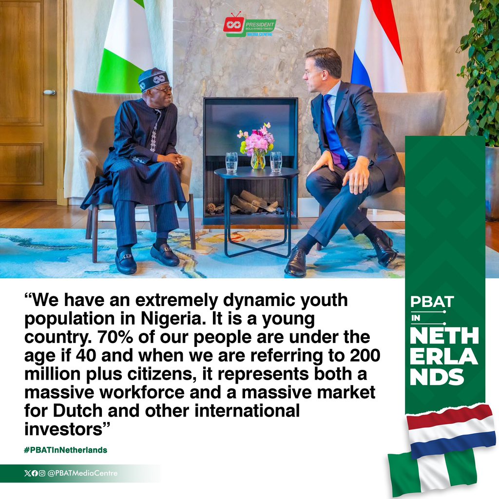 Some notable quotes from President Tinubu’s speech at the meeting with the Prime Minister of Netherlands, Mark Rutte in The Hague today.

#PBATInNetherlands