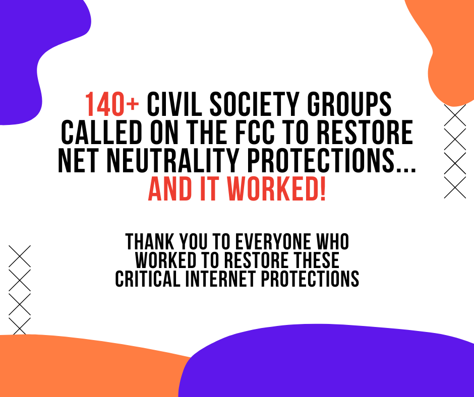Restoring #NetNeutrality is critical to ensuring everyone benefits from the free and open internet no matter their zip code or demographics. We're excited to see the @FCC exercise its oversight to restore protections that benefit people over internet giants.