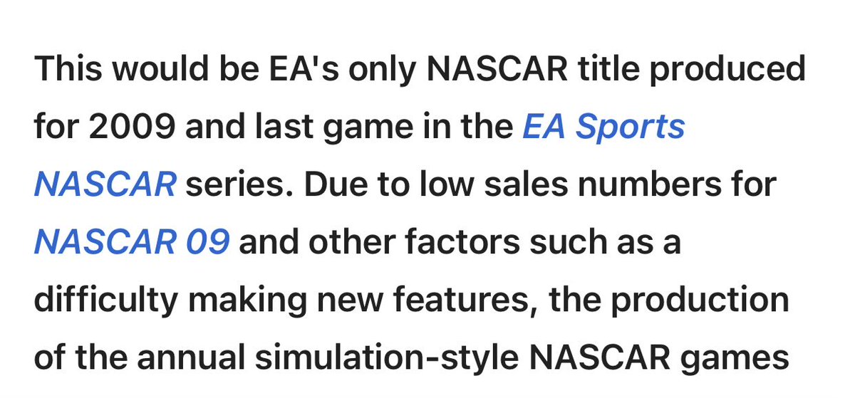 It’s still crazy that EA’s reasoning for not making an actual NASCAR game in 2009 was essentially because they simply couldn’t think of anything new to add to the game