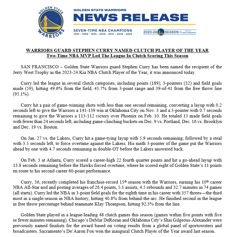 Warriors guard Stephen Curry has been named the recipient of the Jerry West Trophy as the 2023-24 Kia NBA Clutch Player of the Year: