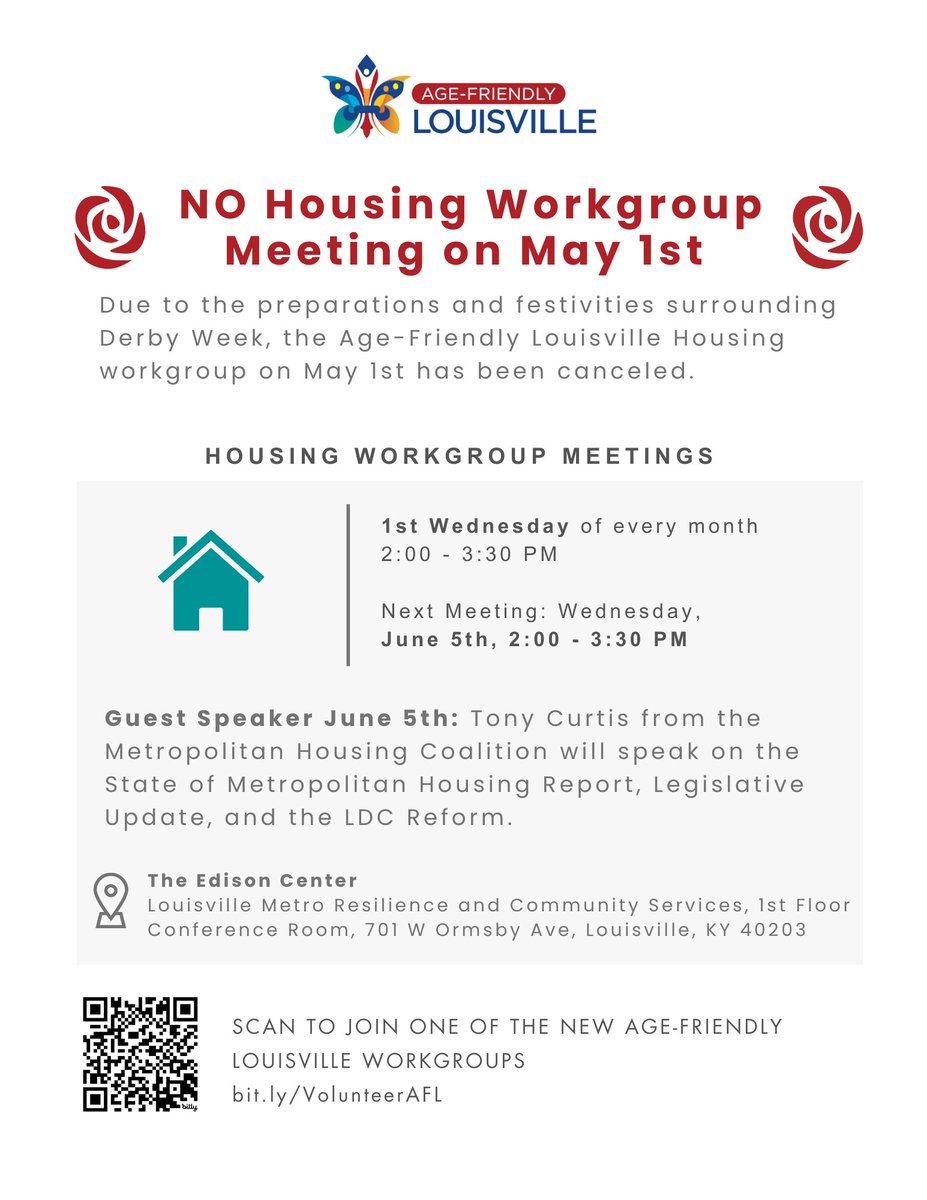 📢NO HOUSING WORKGROUP MEETING 📢The Housing Workgroup meeting on May 1st has been canceled! Find out what the Age-Friendly Louisville Workgroups are up to: mailchi.mp/d93ab87c82a7/a… Sign up for the AFL Workgroup here: bit.ly/VolunteerAFL