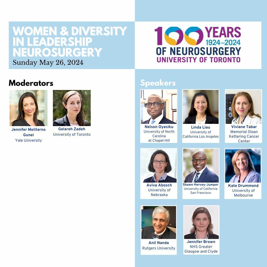 We are excited to have an incredible lineup of speakers and moderators for our #Women and #Diversity in #Leadership #Neurosurgery session as part of our 100th anniversary celebrations! Learn more: bit.ly/3xNkOEH @gelarehzadeh @TabarViviane @AboschAviva @HerveyJumper