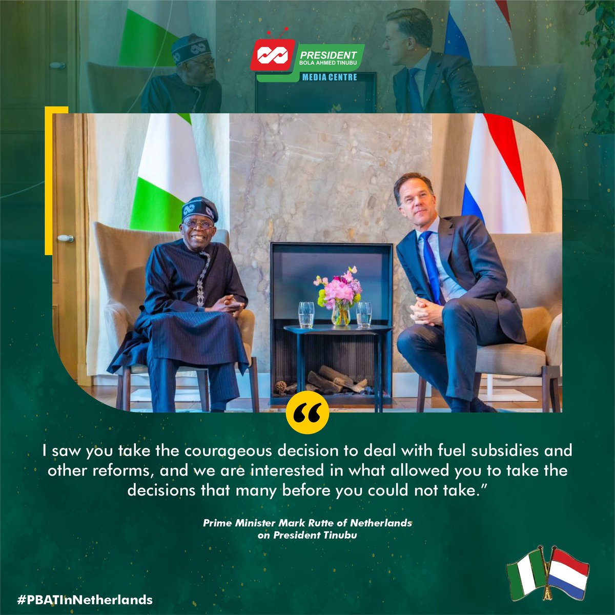Prime Minister Mark Rutte was full of praise for President Tinubu’s resilience and determination to take hard decisions that his predecessors found hard to take.

#PBATInNetherlands
