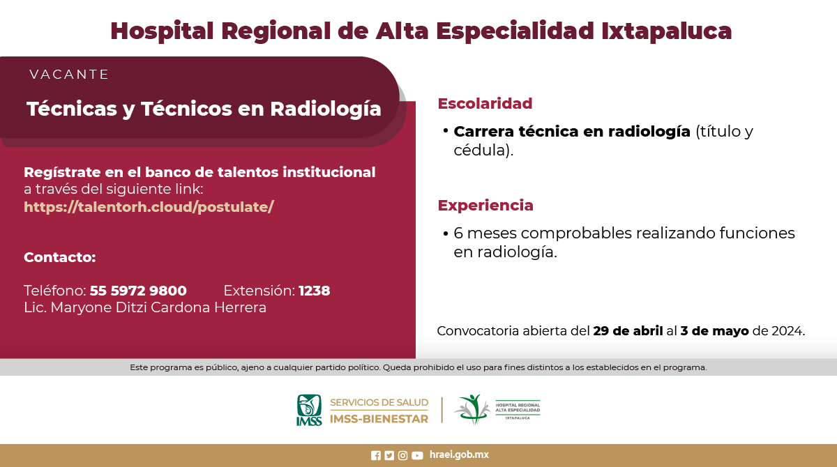 HRAEIxtapaluca's tweet photo. #VacantesHRAEI✨

Regístrate en el banco de talentos institucional en:

🔗https://t.co/PV82y72tr0

#OrgullosamenteHRAEI https://t.co/T3abBh5Ctf