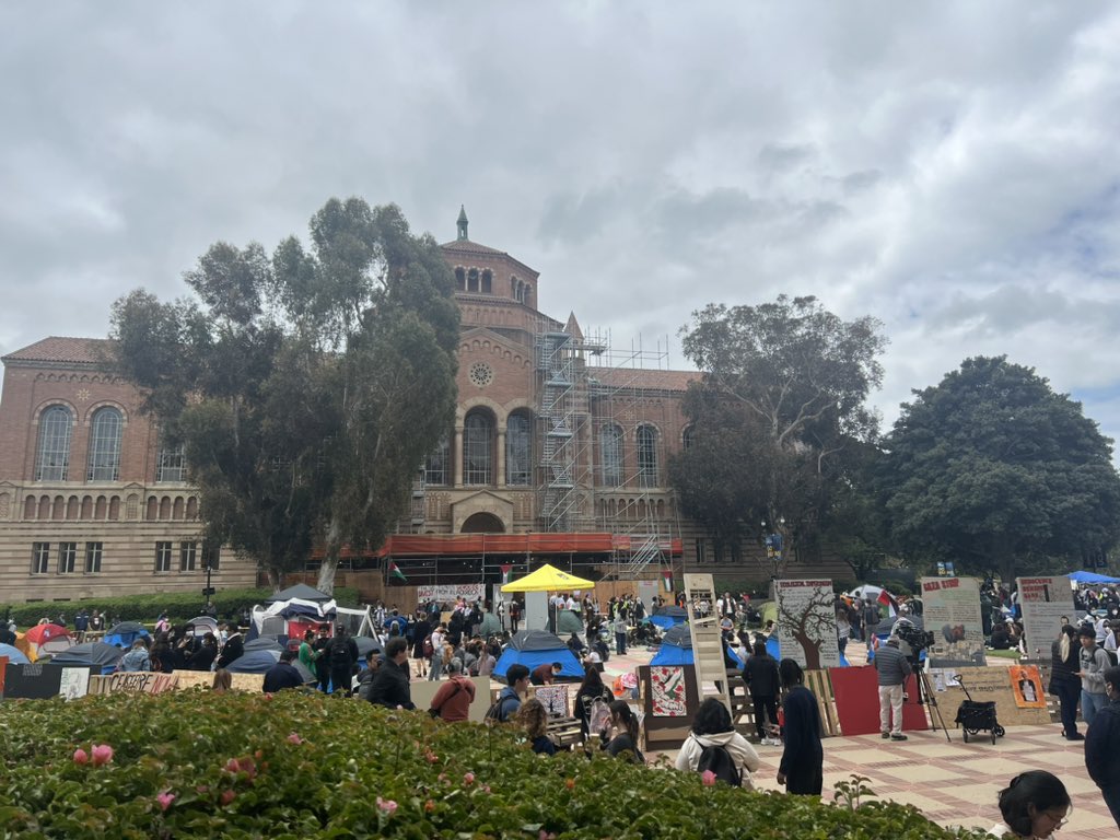 Students gather for a #ProPalestine protest on the UCLA campus - one day after a similar protest took place at USC. So far it’s been quiet but school officials say they are monitoring the activity.