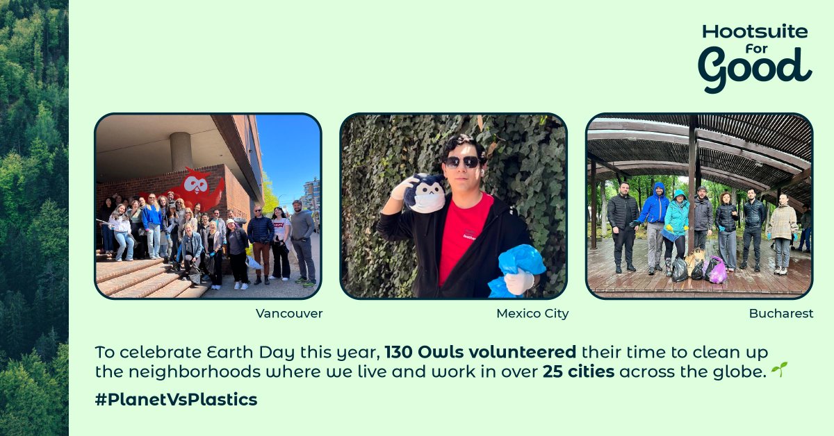 To mark Earth Day this year, Hootsuite planted 1,000 trees with One Tree Planted and Owls volunteered in over 25 cities across the globe to host clean ups where we live and work. 
#PlanetVsPlastics#HootsuiteForGood #EarthDay