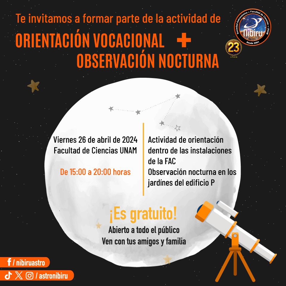 Junto con la <a href="/fciencias/">Facultad de Ciencias UNAM</a>  , estaremos apoyando personas que están interesadas en incursionar en la Astronomía pero no saben por dónde. Al final, tendremos una observación con telescopios en frente del edificio P.

Te esperamos 🌞✨