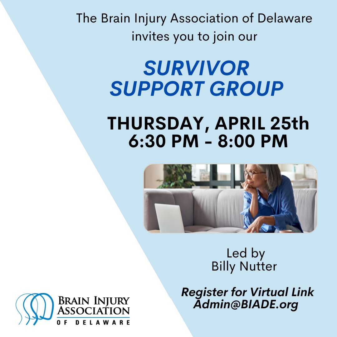BIADE's tweet image. Join us for our virtual brain injury support groups!

April 25th, from 6:30 to 8 pm EST, we're here to connect, share, and support one another.

Can't make it tonight? No worries! Our next session is on Thursday, May 2nd, from 7 to 8:30 pm EST.

To register, email admin@biade.org
