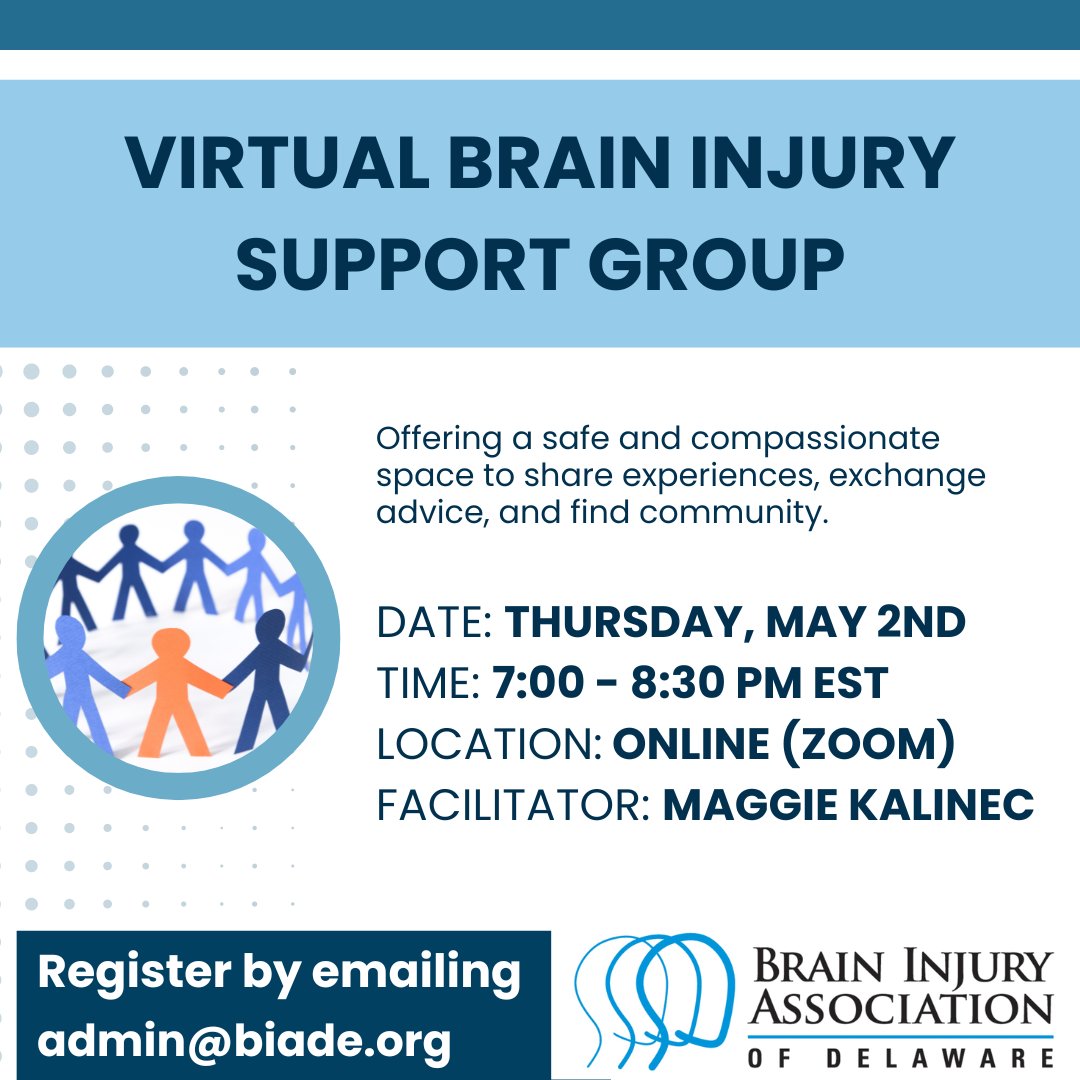 BIADE's tweet image. Join us for our virtual brain injury support groups!

April 25th, from 6:30 to 8 pm EST, we're here to connect, share, and support one another.

Can't make it tonight? No worries! Our next session is on Thursday, May 2nd, from 7 to 8:30 pm EST.

To register, email admin@biade.org