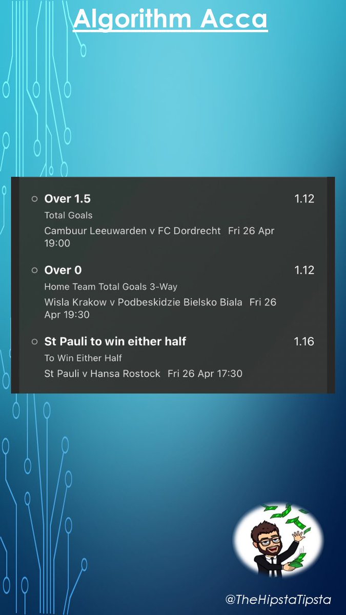 💰 THE MULTIPLIER 💰 

The aim is to multiply your initial stake up to 10x. You can do £1-£10, £5-£50, £10-£100… the choice is yours! 

Bet 4:

Cambuur v Dordrecht 🇳🇱 
Wisla v Podbeskidzie 🇵🇱 
St Pauli v Hansa Rostock 🇩🇪