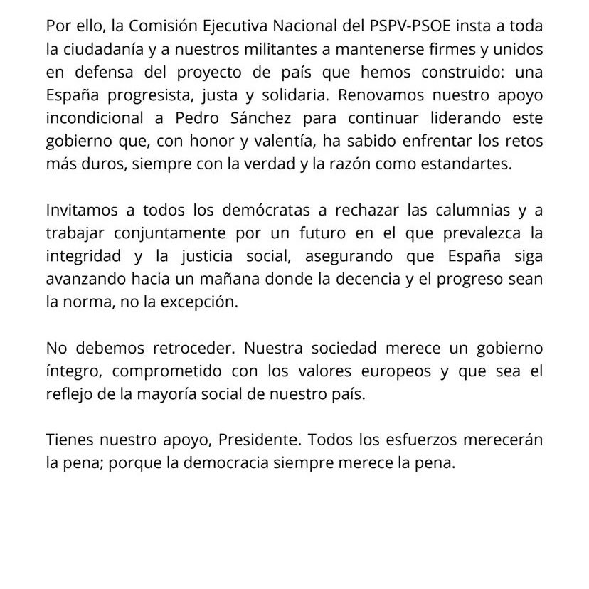 Los y las @SocialistesVal 🌹 manifestamos nuestro pleno y firme apoyo a nuestro Secretario General y Presidente del Gobierno @sanchezcastejon ❤️ Tienes nuestro apoyo Presidente. Porque la democracia vale la pena Resolución de la Comisión Ejecutiva Nacional PSPV-PSOE 👇