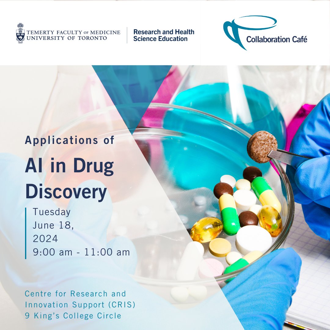 RIHSE_UofT's tweet photo. Don't miss our upcoming Collaboration Café session focused on the Applications of AI in Drug Discovery. Faculty and industry leaders have the opportunity to connect and explore potential collaborations. To learn more and register, visit https://t.co/R0hCtzRYEa. https://t.co/ZI05cVR9H4