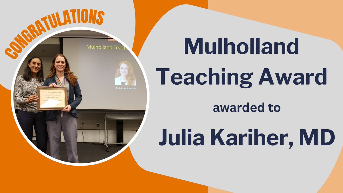 Congratulations to our first-year resident, Dr. Julia Kariher, for receiving the Mulholland Teaching Award! We are so proud of you and your continued commitment to radiology! 🙌🙌🙌🙌 #radres #UVA #radresidents #uvamed @MedicineUVA