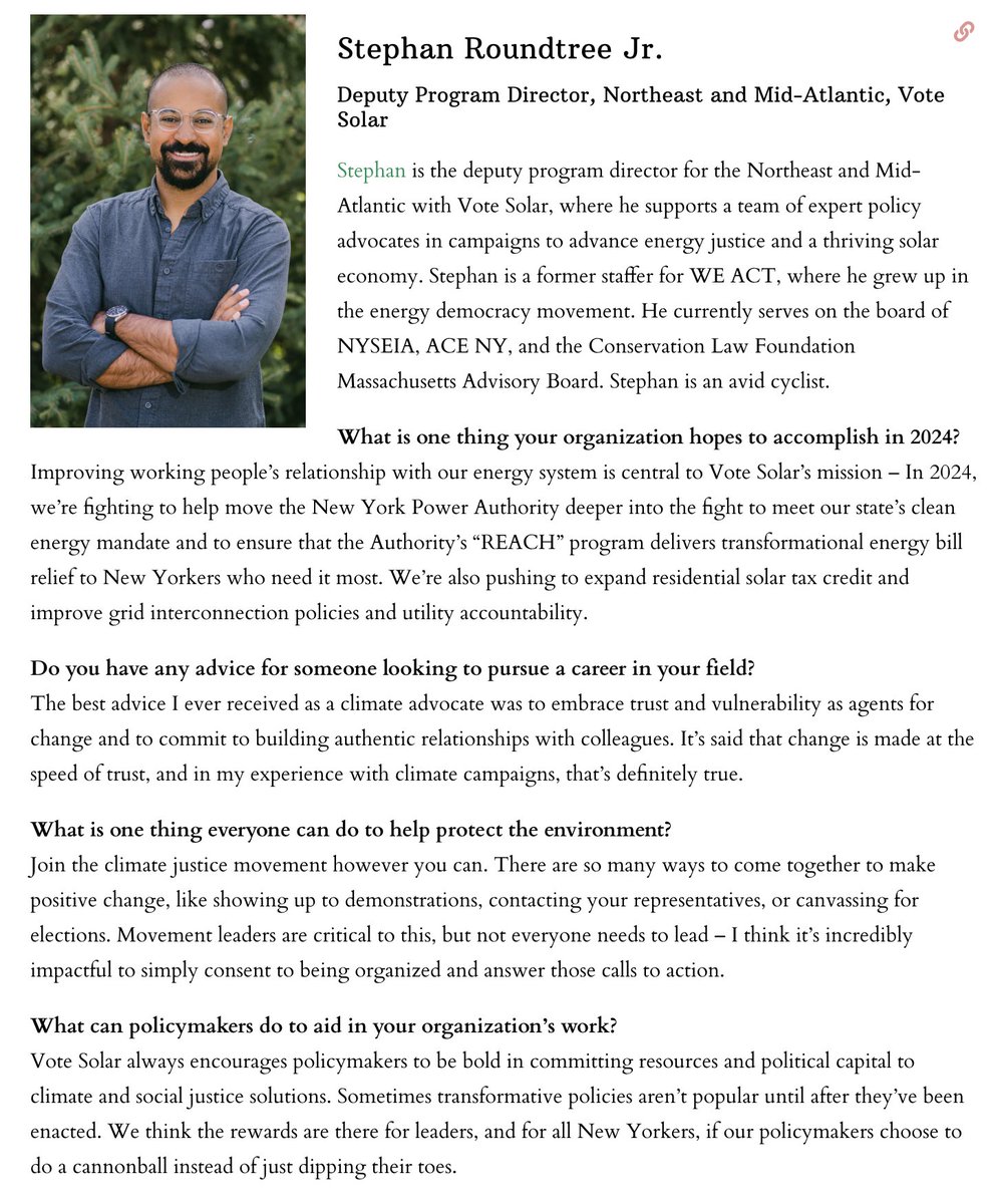 Join us in congratulating Stephan Roundtree Jr., our Deputy Program Director, Northeast + Mid-Atlantic, for being named a 2024 Power Player in Climate, Energy & Sustainability! Well done, Stephan! Your leadership is vital for a clean energy future for all. politicsny.com/power-lists/20…