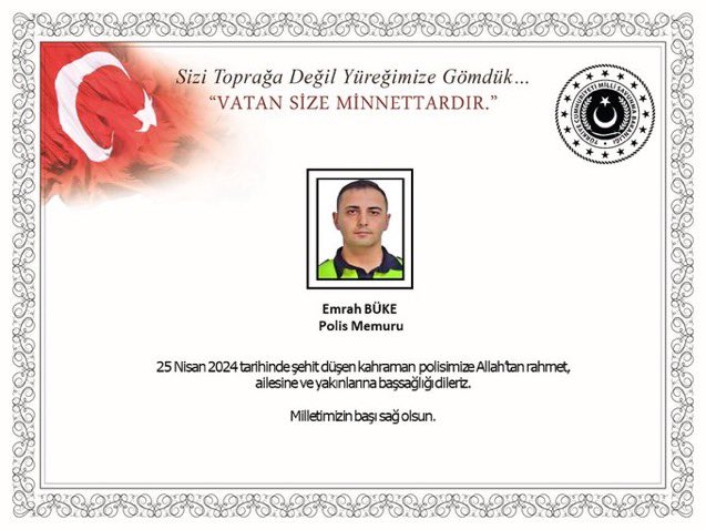 Ümraniye’de görevi esnasında geçirdiği trafik kazası sonucu Polis Memurumuz Emrah Büke şehit olmuştur. Şehidimize Allah’tan rahmet kederli Ailesine ve yakınlarına sabır diliyorum. Milletimizin başı sağ olsun🇹🇷