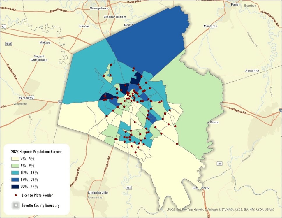 CKYKFTC's tweet photo. According to research by Crystal Harper, Lexington's Flock cameras are disproportionately located in neighborhoods with more BIPOC and low-income residents. Read Crystal's full Lexington Times article about Flock cameras: https://t.co/bmxV4Gf6q8 https://t.co/oKKeezWUun