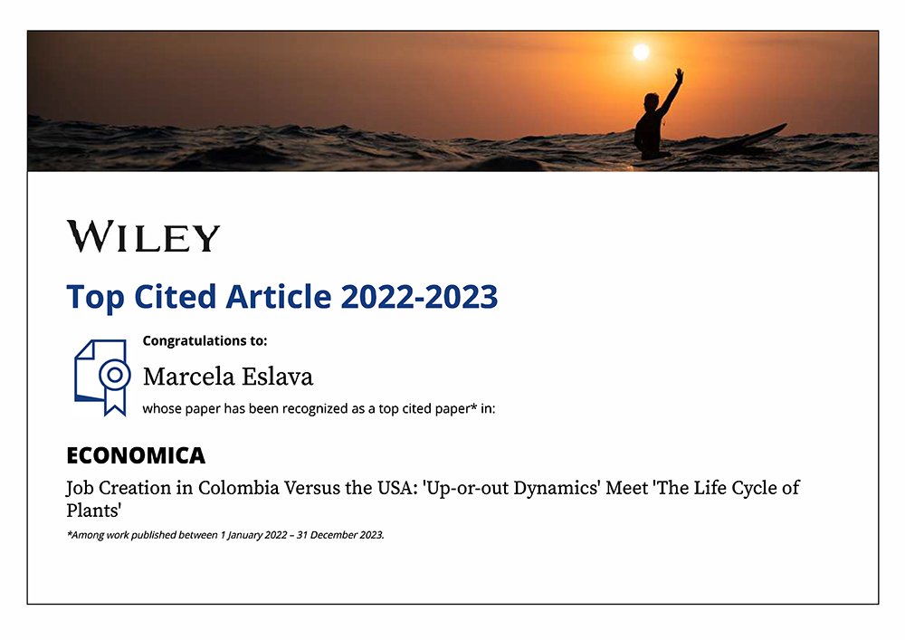 The paper 'Job Creation in Colombia Versus the USA: 'Up-or-out Dynamics' Meet 'The Life Cycle of Plants'' published in @EconomicaLSE by our professor #MarcelaEslava, received the award of the ten most cited papers in 2022 and 2023. Read the article here: bit.ly/4bc22Ff