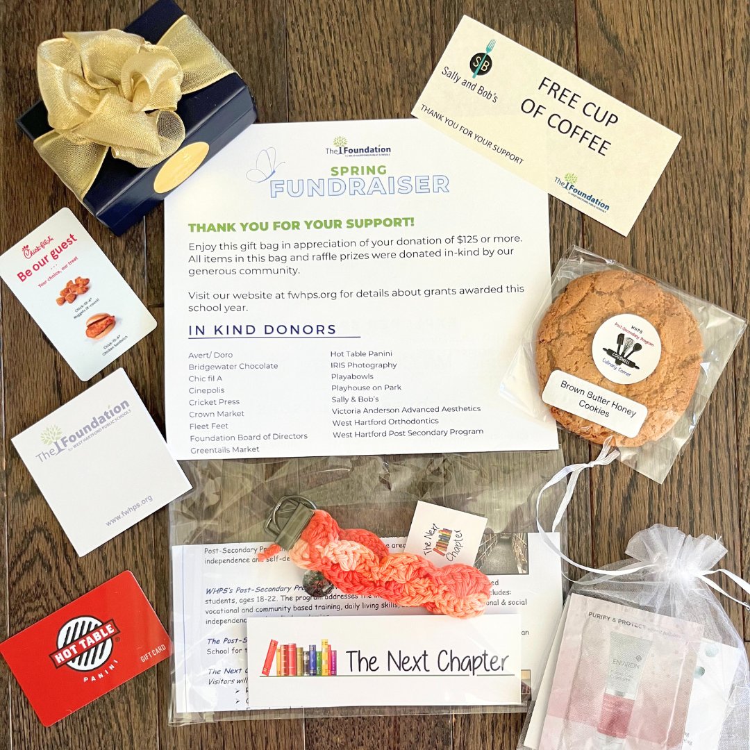 Only one more day to receive a gift bag filled with these local treats and more when you become a friend of The Foundation with a donation of at least $125! Visit our website to donate: FWHPS.org #westhartfordct #publicschool #education #nonprofit