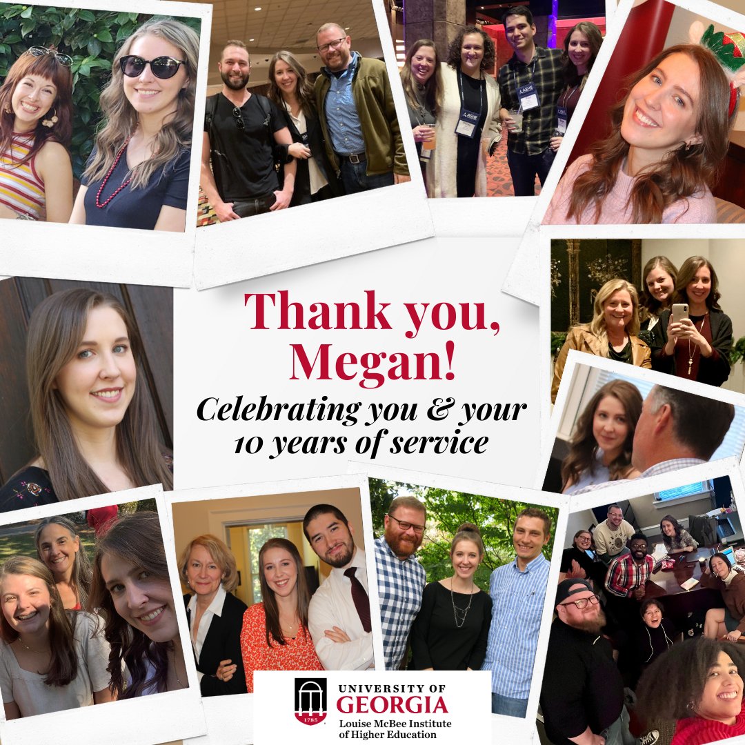 Celebrating Megan Waters Holloway's 10yr anniversary at McBee IHE! Hard to overstate Megan’s contributions in service and advocacy on behalf of grad students and grad education. Thank you and well done, Megan! Read more: t.uga.edu/9Rj
