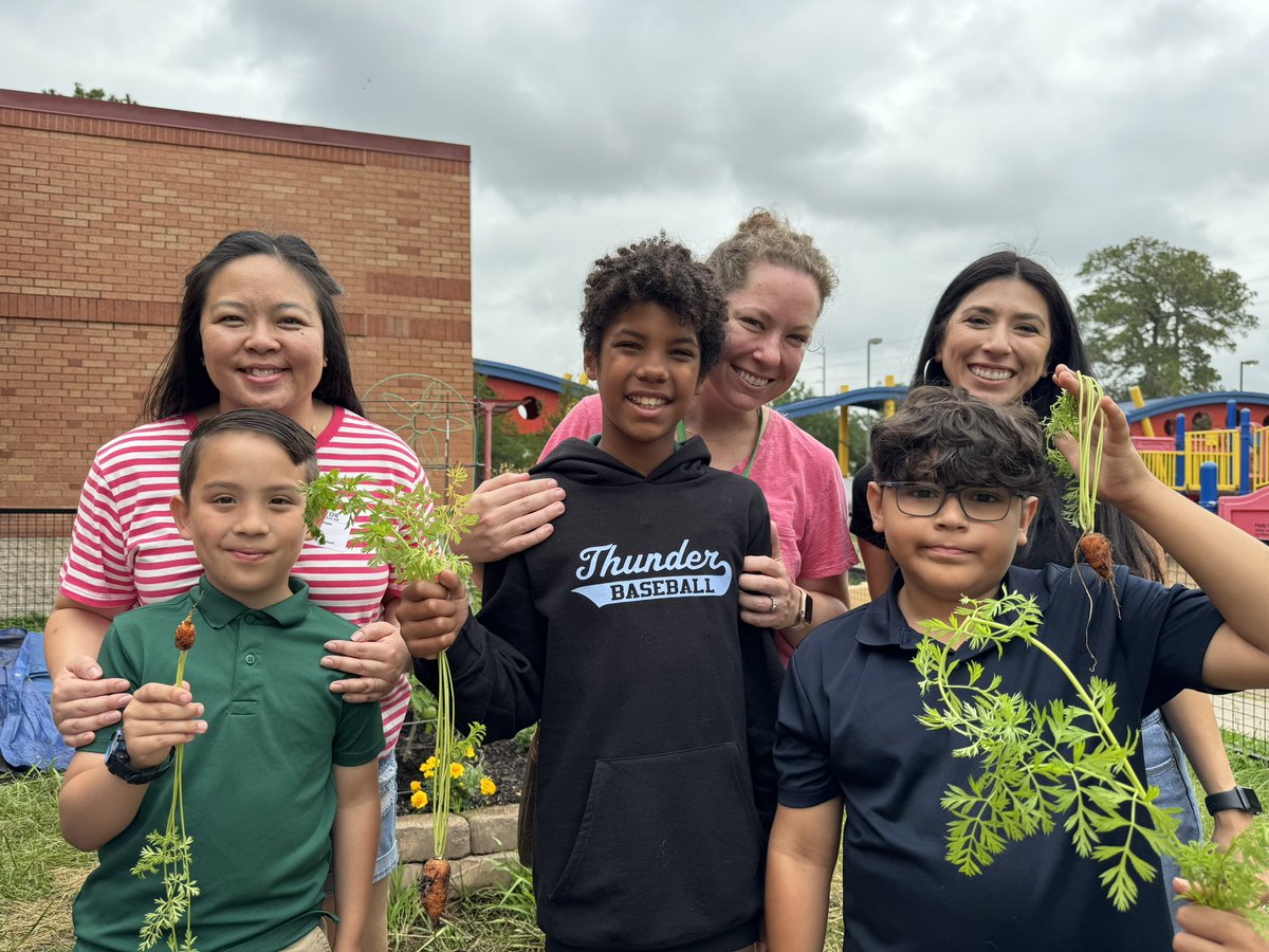 Students @OakForestES had a fun time clearing out the last of the carrots. We were so lucky to have our lovely parent volunteers participate in the harvest 🥕 @readygrowgarden @HoustonISD #gardenday #schoolgarden #texasgardening #elementaryscience #outdooreducation