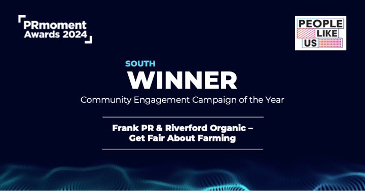 The gold winner for our Community Engagement Campaign of the Year, sponsored by @PeopleLikeUs is…

@WelcomeToFrank for its Get Fair About Farming campaign with Riverford Organic 🚜