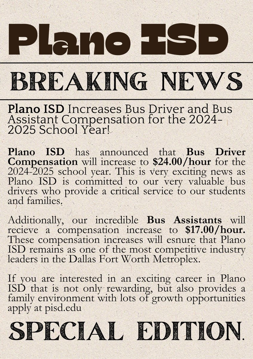 Extra Extra Read All About it!  Plano ISD has increased Bus Driver and Bus Assistant Salary for the 2024-2025 school year! Apply today at Pisd.edu  @Plano_Schools @KristinHebert10 @PISDFineArts @PISDPTACouncil @PISDAthDept @tnolanwilliams @LariLiner @MAS_PlanoISD