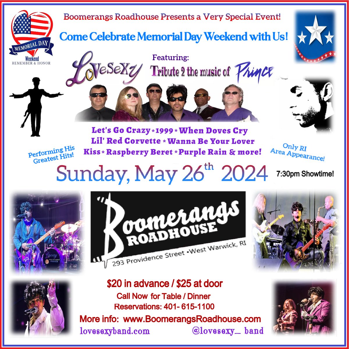 LoVeSeXy tribute 2 Prince appearing Sunday, May 26, 2024 at Boomerangs Roadhouse - W. Warwick, RI. Make Plans Now!  For Adv. Tix & Dinner Reservation info Call (401) 615-1100  #prince #PrinceTribute #memorialdayweekend #RhodeIsland #lovesexyband #lovesexy #boomerangsroadhouse