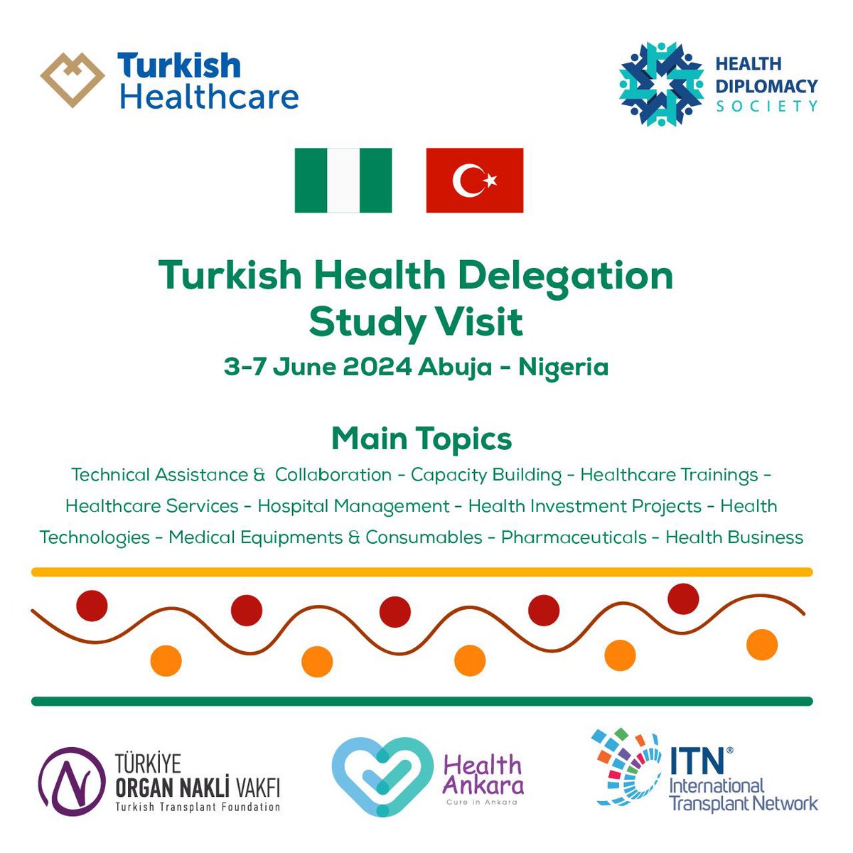 Turkish Healthcare ve @healthdiplomacy kapsamında, @organnaklivakfi #healthankara @ITN_TR işbirliğinde, “Sağlık Heyeti Çalışma Ziyareti”gerçekleşecektir.

3-7 Haziran 2024
Abuja - Nijerya

Program dahilinde tıbbi eğitim verilecektir.

Detaylar  açıklanacaktır.

#medicaltraining