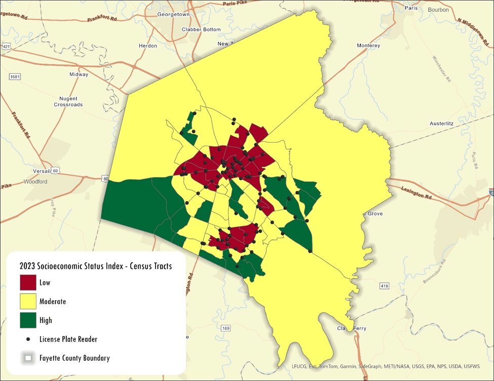 CKYKFTC's tweet photo. According to research by Crystal Harper, Lexington's Flock cameras are disproportionately located in neighborhoods with more BIPOC and low-income residents. Read Crystal's full Lexington Times article about Flock cameras: https://t.co/bmxV4Gf6q8 https://t.co/oKKeezWUun
