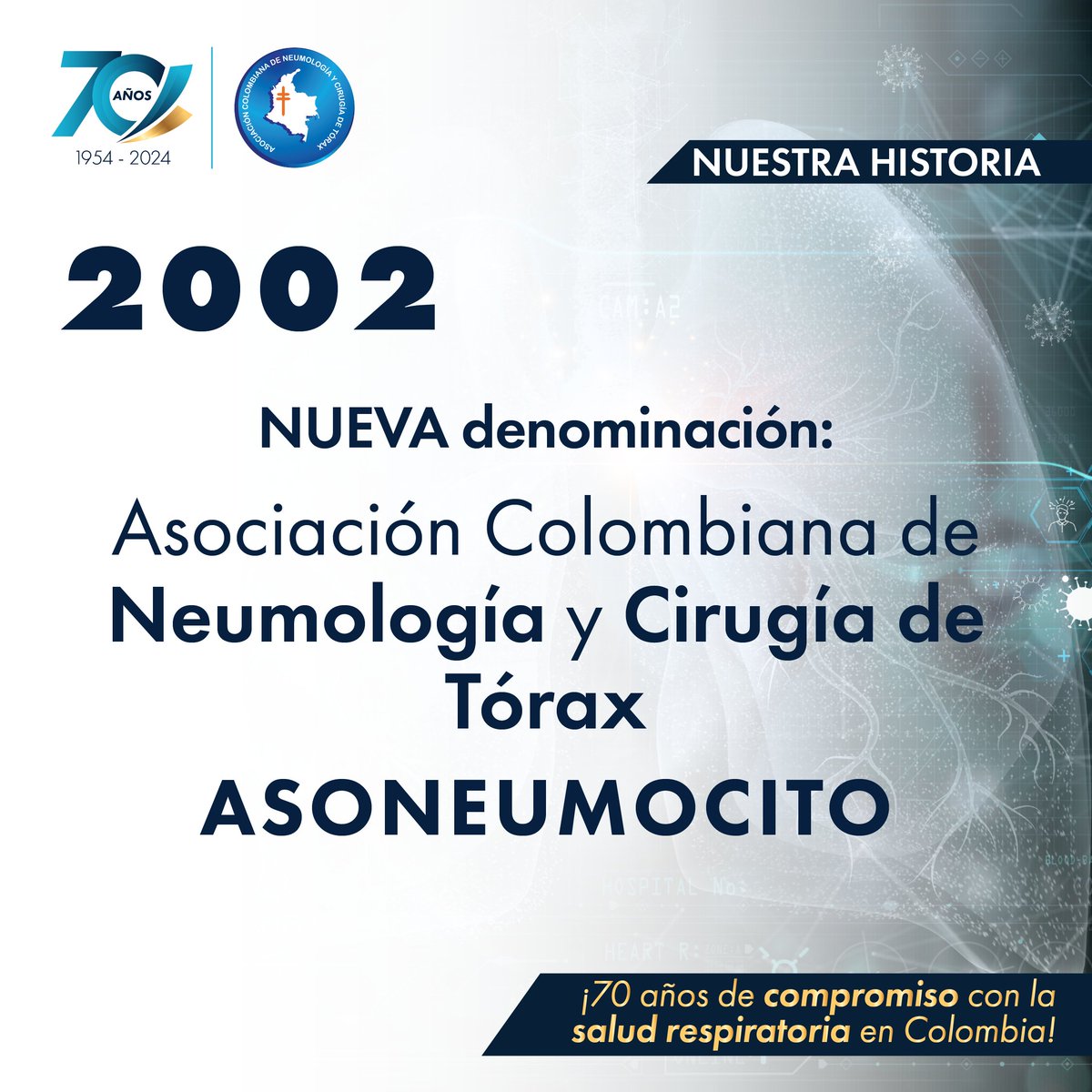 #70Aniversario En 2002 nuestra asociación cambió su denominación. Pasó de llamarse Sociedad Colombiana de Neumología, Tisiología y Enfermedades del Tórax a la actual Asociación Colombiana de Neumología y Cirugía de Tórax - ASONEUMOCITO. #70AñosDeCompromiso